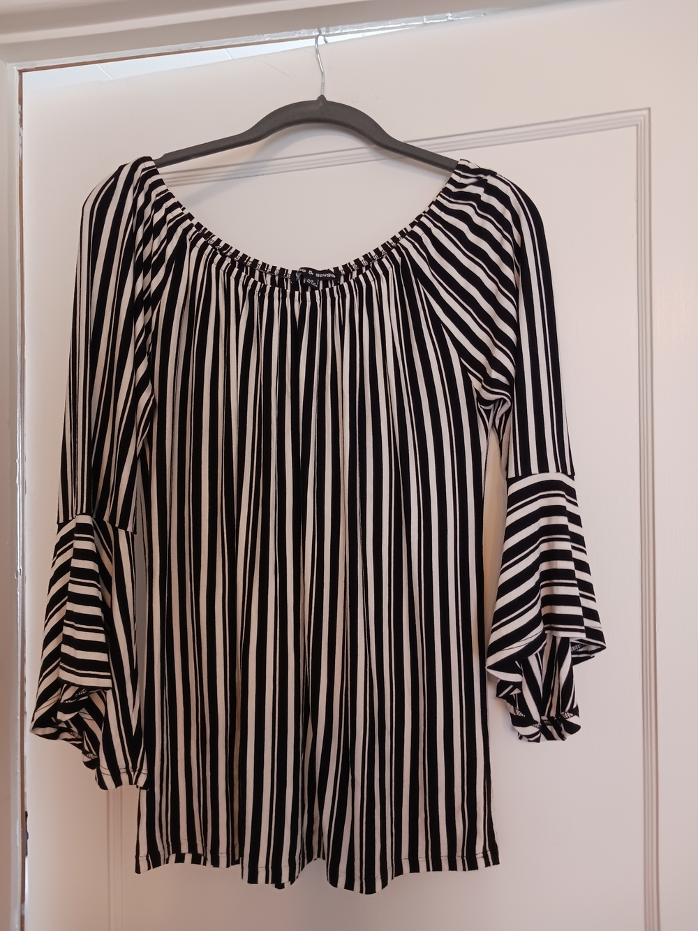 Cable & Gauge Black and White Striped Off-Shoulder Bell Sleeve Top